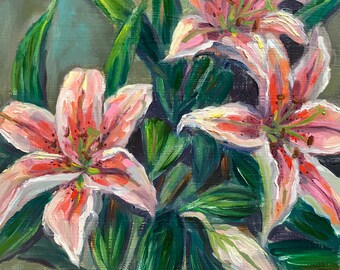 ユリの花の絵画 オリジナル油絵 モダンな壁装飾 キャンバスに描かれた