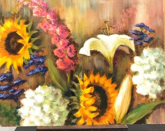 花の抽象画、オリジナルの油絵、ひまわりアート、現代アート、中型