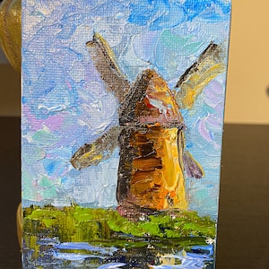 windmill oil painting, original oil painting, art for sale, handmade, gift idea, contemporary home decor, abstract art, small painting 5x3