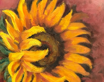 sunflower original oil painting, yellow flower, small painting, collectible art, floral art, mothers gift idea, painting on panel, yellow fl