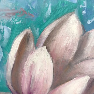 May include: A close-up of a pink magnolia flower with white petals against a blue and green background. The flower is painted in a realistic style with visible brushstrokes.