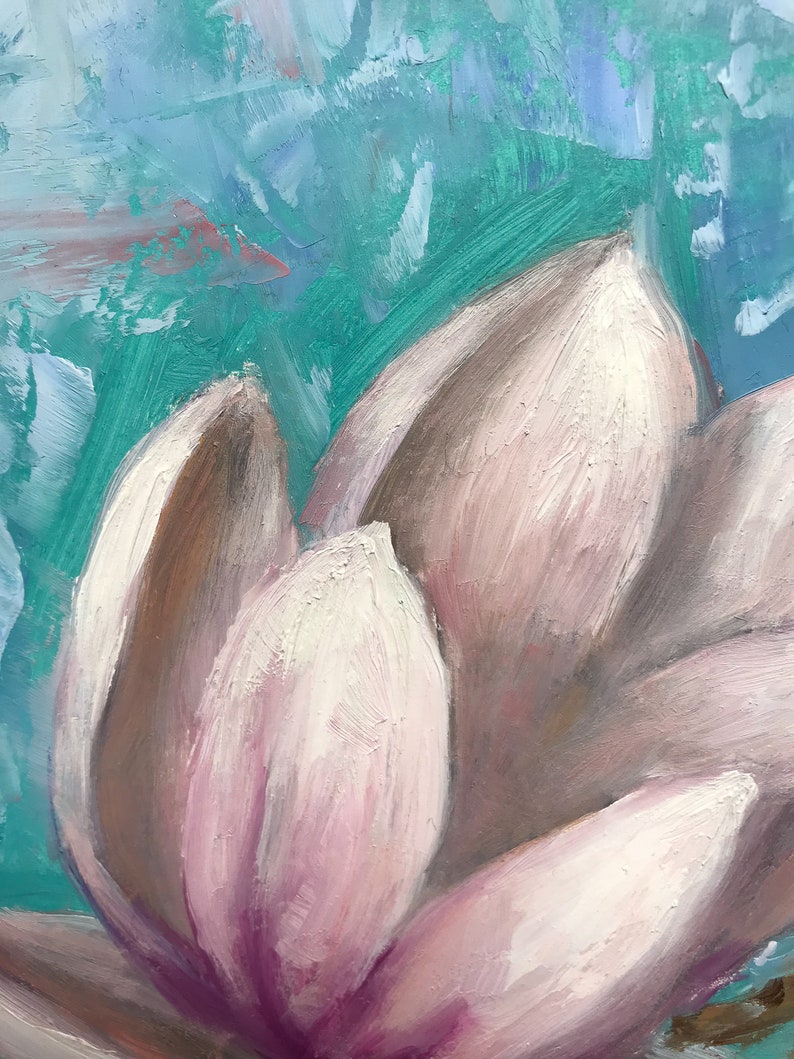 May include: A close-up of a pink magnolia flower with white petals against a blue and green background. The flower is painted in a realistic style with visible brushstrokes.