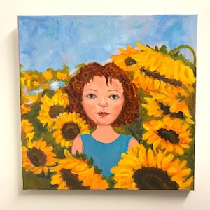 Sunflower Girl painting Oil Painting on Canvas, Original Oil Painting, Floral Wall Decoration, Yellow Blue Nursery Decor, Perfect Gift Idea