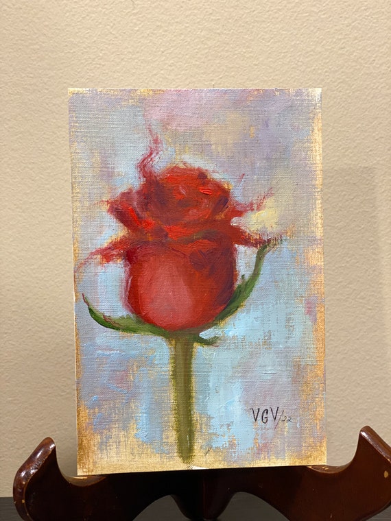 Red Rose Painting on Oil Paper, Original Oil Painting, Small