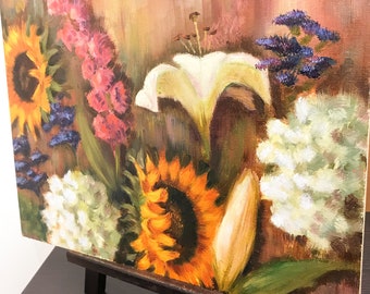 花の抽象画、オリジナルの油絵、ひまわりアート、現代アート、中型
