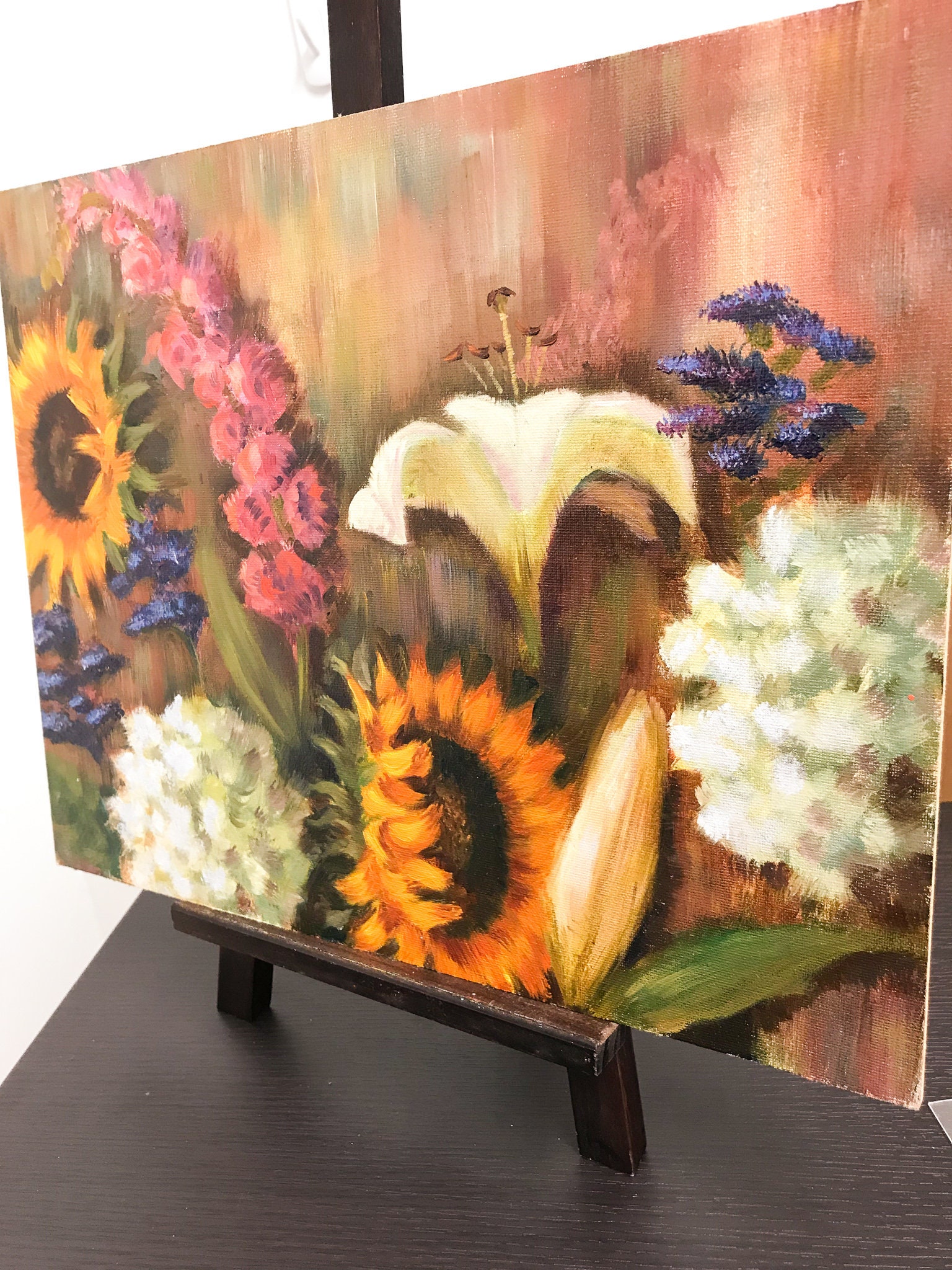 花の抽象画、オリジナルの油絵、ひまわりアート、現代アート、中型