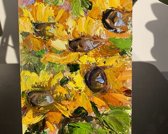 ひまわりのオリジナル油絵、黄色い花、小さな絵画 6x4、花のアート