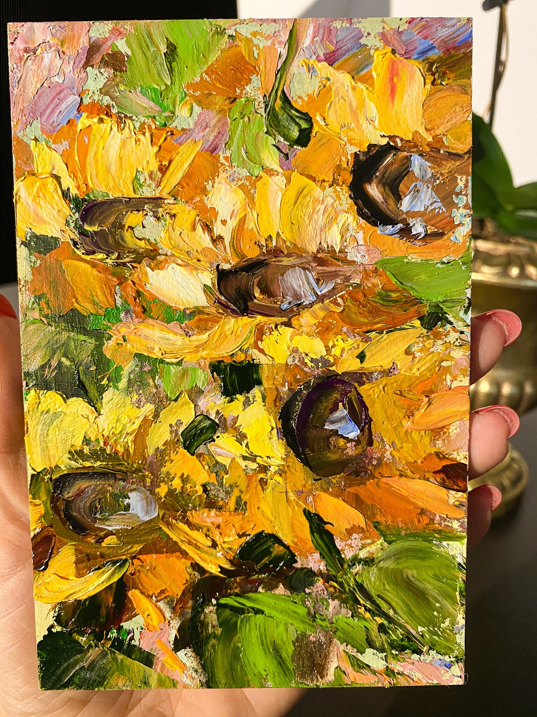 ひまわりのオリジナル油絵、黄色い花、小さな絵画 6x4、花のアート