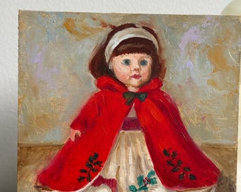 オリジナル油絵「赤い人形」、6インチ×6インチの手描きリネンパネル
