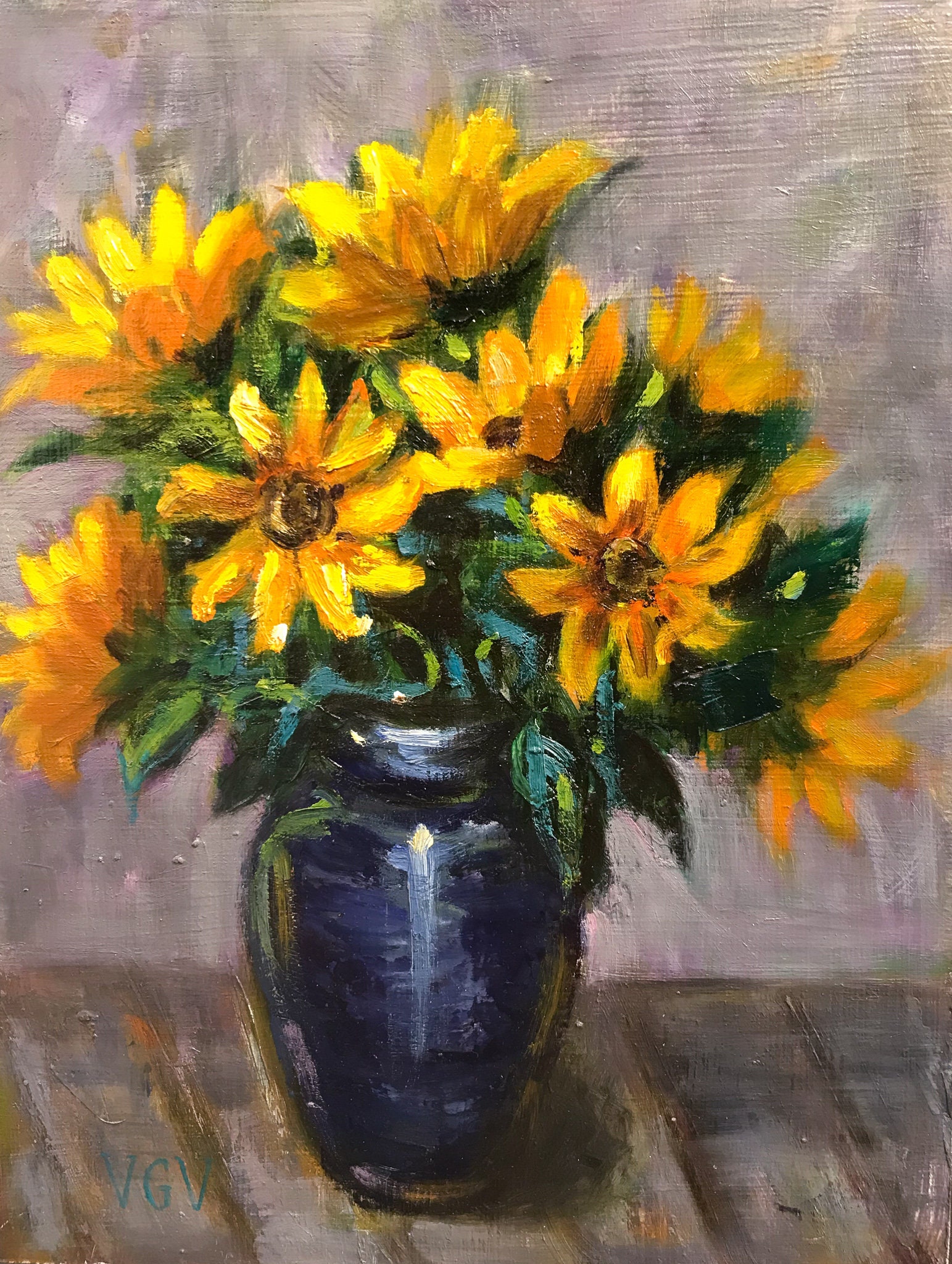 Sunflower Original Oil Painting Bunch of Yellow Flowers in Blue Glass ...