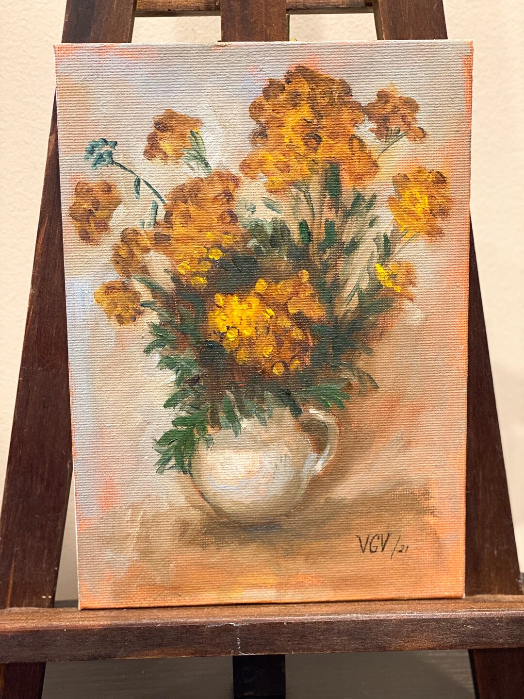 Still Life Oil Painting, Yellow Flowers in White Vase Original Painting ...