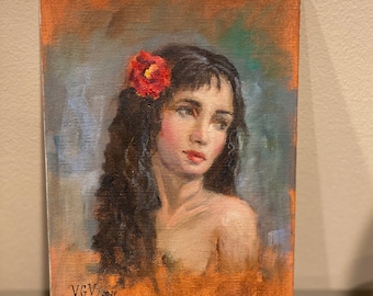 woman portrait painting, original oil painting, small painting, modern art, gallery art sale, asian woman painting, figurative art