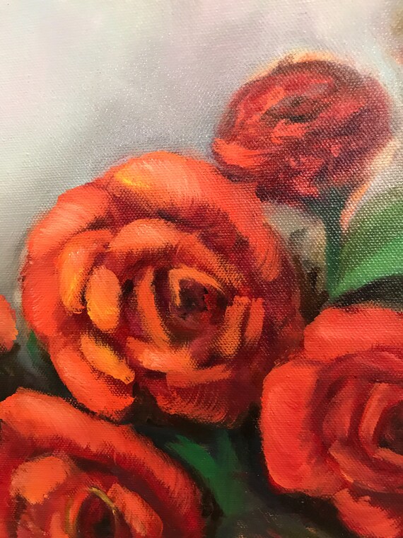 赤いバラのオリジナル油絵、赤い花の絵、静物画、寝室用の美術品
