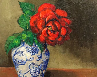 Red Rose in the Blue Vase painting , Original Oil Painting ,still life painting , contemporary, collectible home decor