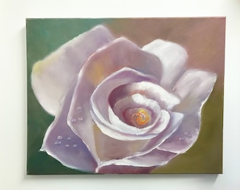 Oil Painting White Rose Morning Dew on Flower Petal Wall Decoration Canvas Painting Original Artwork Perfect Gift Idea, abstract painting