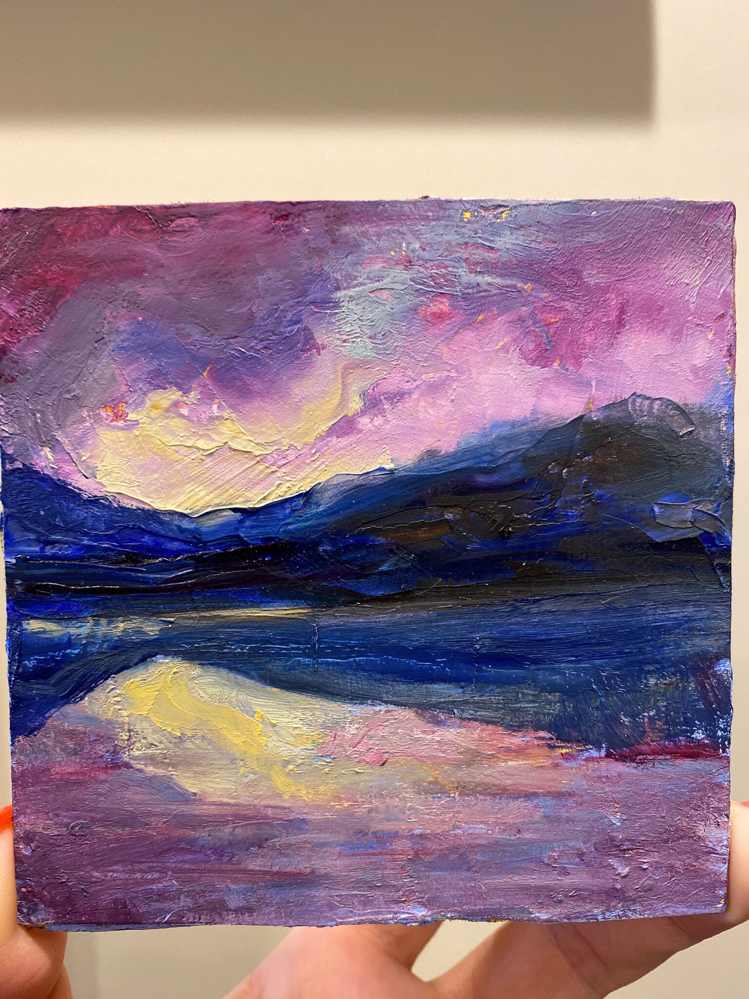 抽象的な風景画 オリジナル油絵 小さな絵画 4x4 紫の空 母の日ギフト