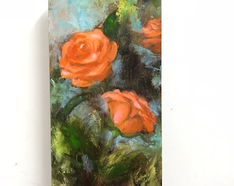 Abstract original floral painting, pink Rosses, orange Rosses, original on panel, oil painting, gift idea, fine art, contemporary art,