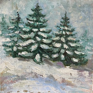Christmas tree original oil painting, small painting, gift idea, fine art 6"x6" winter landscape painting, snow painting, unique art