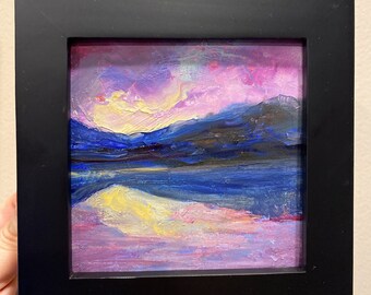 抽象的な風景画 オリジナル油絵 小さな絵画 4x4 紫の空 母の日ギフト