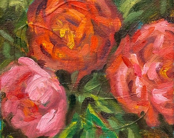 peonías rojas abstractas, pintura al óleo original, arte pequeño6x6, pintura sobre lienzo, decoración de la pared del hogar, pintura abstracta, arte impasto