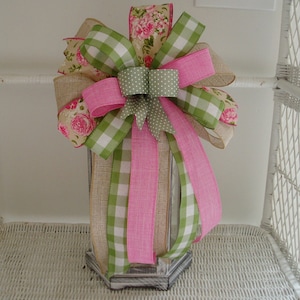 Spring Wreath Bow, Spring Lantern Bow, Summer Bow for Wreath, Spring Lantern Bow, Pink Bow with Flowers, Summer Lantern Bow, Porch Decor