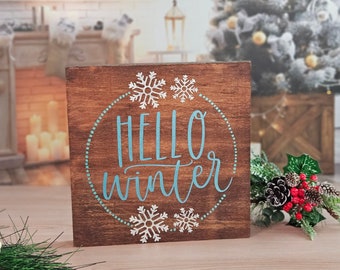 hello winter sign, snowflake sign, Christmas sign, 8x8 wood sign