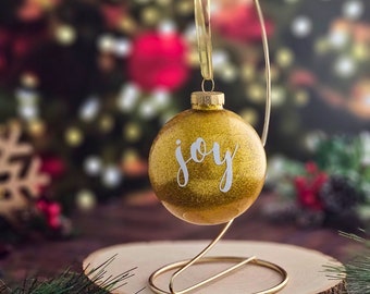 Joy Glitter Christmas Ornament - gold glitter and white