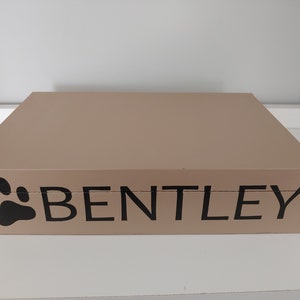 May include: A rectangular, tan-colored pet box with the name "BENTLEY" in black lettering. A black paw print is on the left side. The box is sitting on a white shelf.