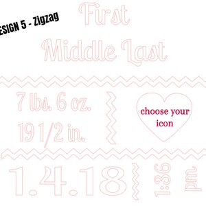 May include: A white graphic design with pink text and zig-zag borders. Text includes "First Middle Last", "7 lbs. 6 oz.", "19 1/2 in.", "1.4.18", "1:36 pm", and "choose your icon". The design is labeled "DESIGN 5 - Zigzag".