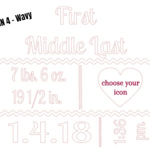 May include: A light pink design with the text "DESIGN 4 - Wavy" at the top left. The design includes the words "First", "Middle", and "Last", along with measurements of 7 lbs 6 oz and 19 1/2 in. A heart shape with the text "choose your icon" is also present.