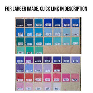 May include: A wooden board displays a color palette with various shades of blue, purple, and pink. Each color is labeled with a corresponding name. The text "FOR LARGER IMAGE, CLICK LINK IN DESCRIPTION" is at the top.