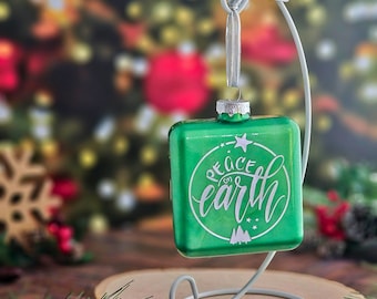 Glass square Ornament, peace on earth ornament, green and silver