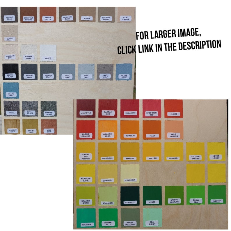 May include: Wooden board displaying paint color swatches with labels. Colors range from neutral tones to vibrant hues, including reds, yellows, greens, and blues. Text on the image reads: "FOR LARGER IMAGE, CLICK LINK IN THE DESCRIPTION."