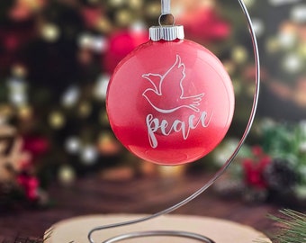 Peace w/dove Glass Ornament -coral and silver