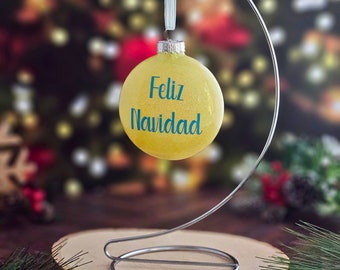 Feliz Navidad Glass disc Ornament - yellow glitter and blue