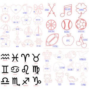 May include: Collection of laser-cut shapes including a star, heart, footprints, bow, arrows, music note, shamrock, sun, moon and star, flower, rain cloud, airplane, sailboat, train, anchor, car, ship's wheel, basketball, baseball, soccer ball, football, apple, cherries, zodiac signs, and animal shapes.