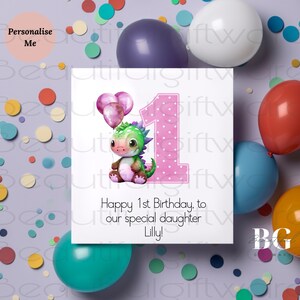Dinosaur birthday card, wording and number can be changed, daughter grandaughter, best friend, pink, 1-10 years