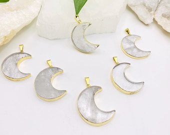 Crystal Quartz Half Moon Pendant - Electroplated 24k Gold Edge  - (12Brownshelf-44)