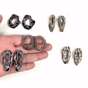 May include: Assortment of six agate slices with natural crystal formations. The slices are in various shapes and sizes, with a mix of brown, black, and white colors.