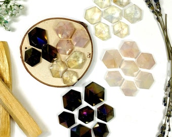 Titanium Coated Hexagonal Pyramids - Rose Quartz - Crystal Quartz - Smokey Quartz (11BROWNSHELF)