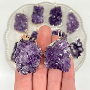 Freeform Amethyst Druzy Cluster Pendants with Hoop Bail and Plated Edge
