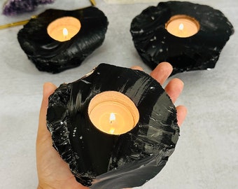 Black Obsidian Candle Holder - Amazing Candle Tea Light - Feng Shui - Crystal Collection (CHS4-07)