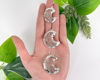 Crystal Quartz Crescent Moon Pendent with Silver Electroplated Edge - You Choose