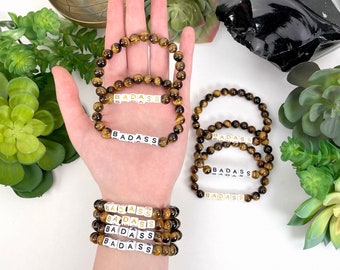 Tiger Eye Beaded Bracelet with "BADASS" Letter Beads - Black or Gold