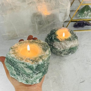 Green Quartz Crystal Tea Light Candle Holder - Hand Cut