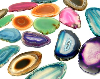 24 Drilled Agate Slices -Assorted Agate Slice Drilled Top Center Bead -- Great for Jewelry - High Quality Drilled Agate from Brazil #00