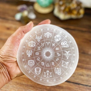 Selenite Etched Charging Plate - Engraved Zodiac Signs - 2 Sizes (RK6)