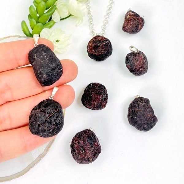 Rough Garnet Stone Pendant with Silver Bail