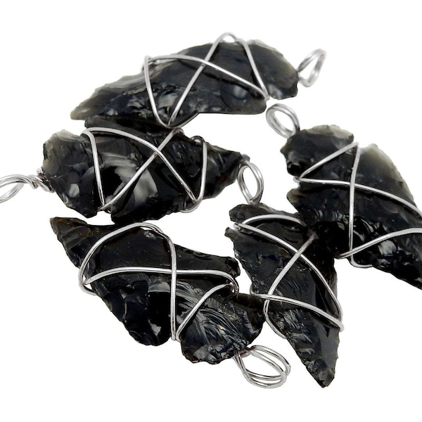 Arrowhead Pendant - Black Obisidan Wire Wrapped Silver Tone (10BROWNSHELF-71)