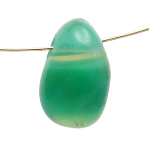 May include: A green agate gemstone bead with white stripes, strung on a silver wire.